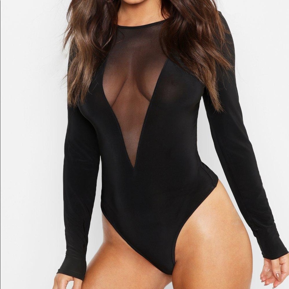 Boohoo Mesh Insert Plunge Long Sleeve Bodysuit